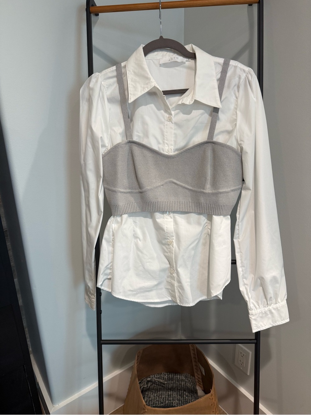 ASTR White Button-Down Shirt with Light Gray Knit Bustier